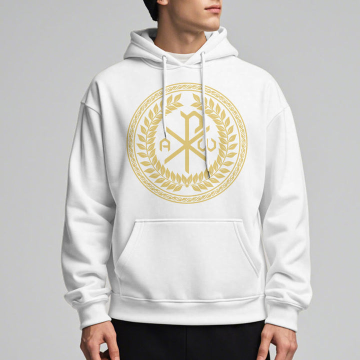 Christianartworkshop Classic Style Sacred Chi-rho Emblem Laurel Wreath Fleece Lined Polyester Hoodie