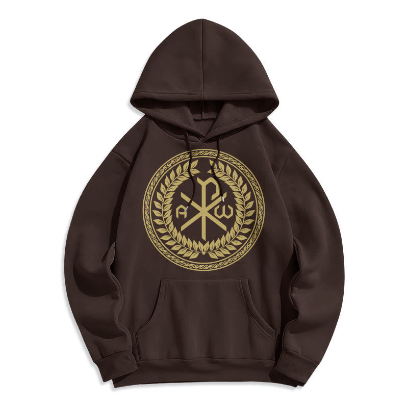 Christianartworkshop Classic Style Sacred Chi-rho Emblem Laurel Wreath Fleece Lined Polyester Hoodie