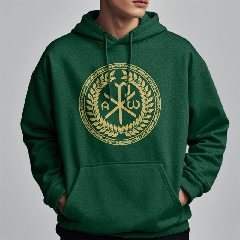 Christianartworkshop Classic Style Sacred Chi-rho Emblem Laurel Wreath Fleece Lined Polyester Hoodie