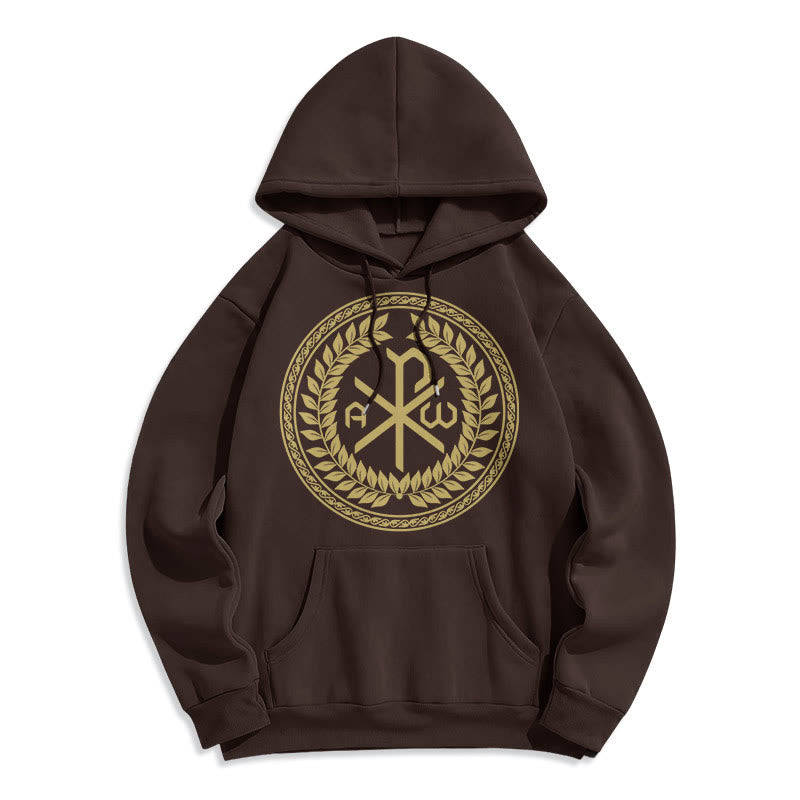 Christianartworkshop Classic Style Sacred Chi-rho Emblem Laurel Wreath Fleece Lined Polyester Hoodie - Brown - 2XL - image 15