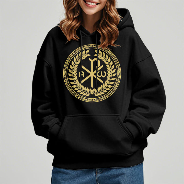 Christianartworkshop Classic Style Sacred Chi-rho Emblem Laurel Wreath Fleece Lined Polyester Hoodie