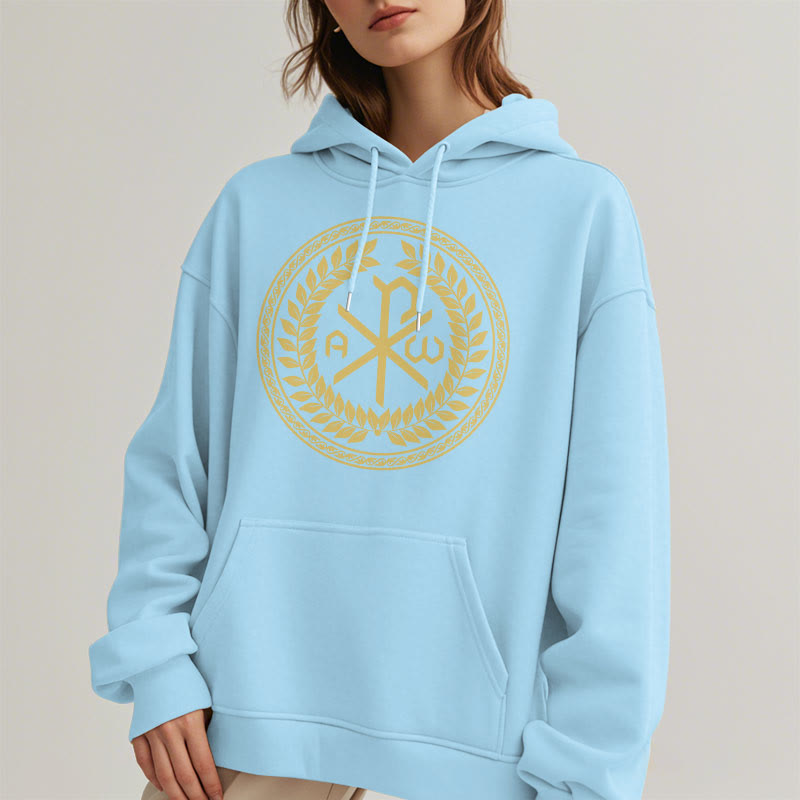 Christianartworkshop Classic Style Sacred Chi-rho Emblem Laurel Wreath Fleece Lined Polyester Hoodie