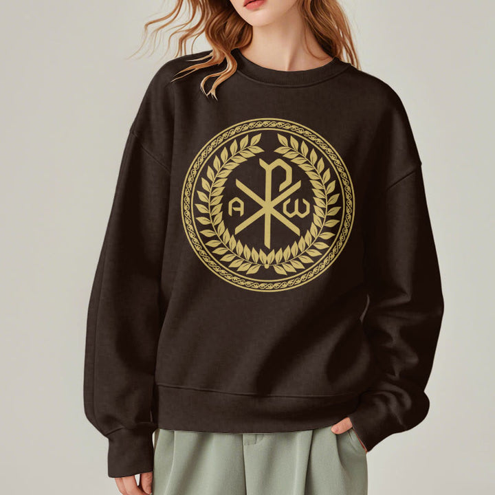 Christianartworkshop Classic Style Sacred Chi-rho Emblem Laurel Wreath Fleece Lined Polyester Sweatshirt