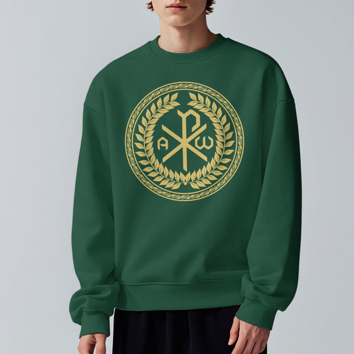 Christianartworkshop Classic Style Sacred Chi-rho Emblem Laurel Wreath Fleece Lined Polyester Sweatshirt