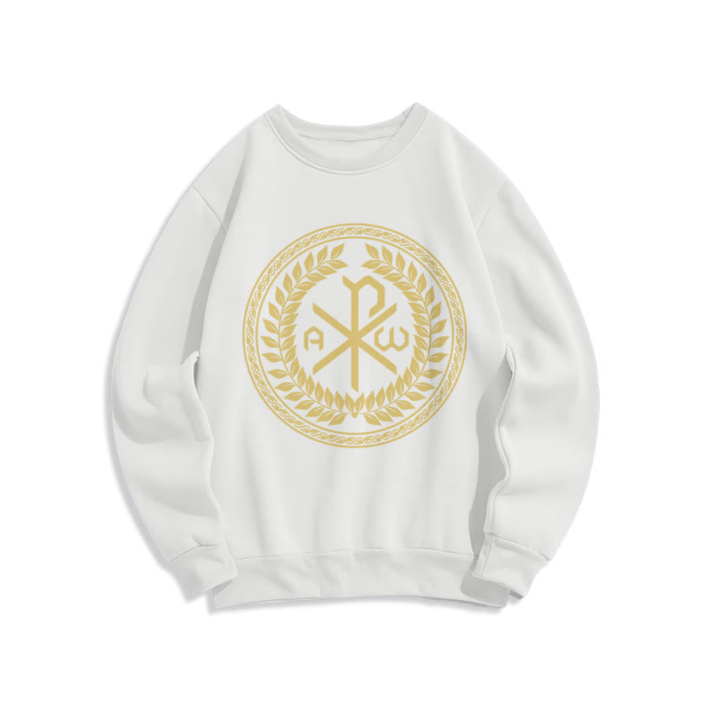 Christianartworkshop Classic Style Sacred Chi-rho Emblem Laurel Wreath Fleece Lined Polyester Sweatshirt