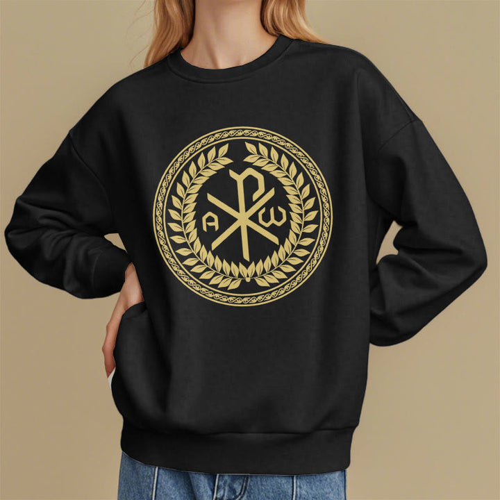 Christianartworkshop Classic Style Sacred Chi-rho Emblem Laurel Wreath Fleece Lined Polyester Sweatshirt