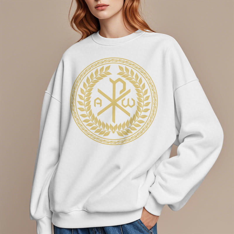 Christianartworkshop Classic Style Sacred Chi-rho Emblem Laurel Wreath Fleece Lined Polyester Sweatshirt