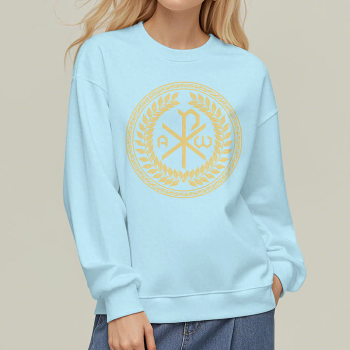 Christianartworkshop Classic Style Sacred Chi-rho Emblem Laurel Wreath Fleece Lined Polyester Sweatshirt