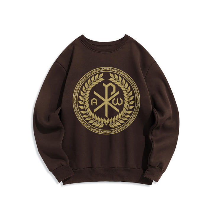 Christianartworkshop Classic Style Sacred Chi-rho Emblem Laurel Wreath Fleece Lined Polyester Sweatshirt