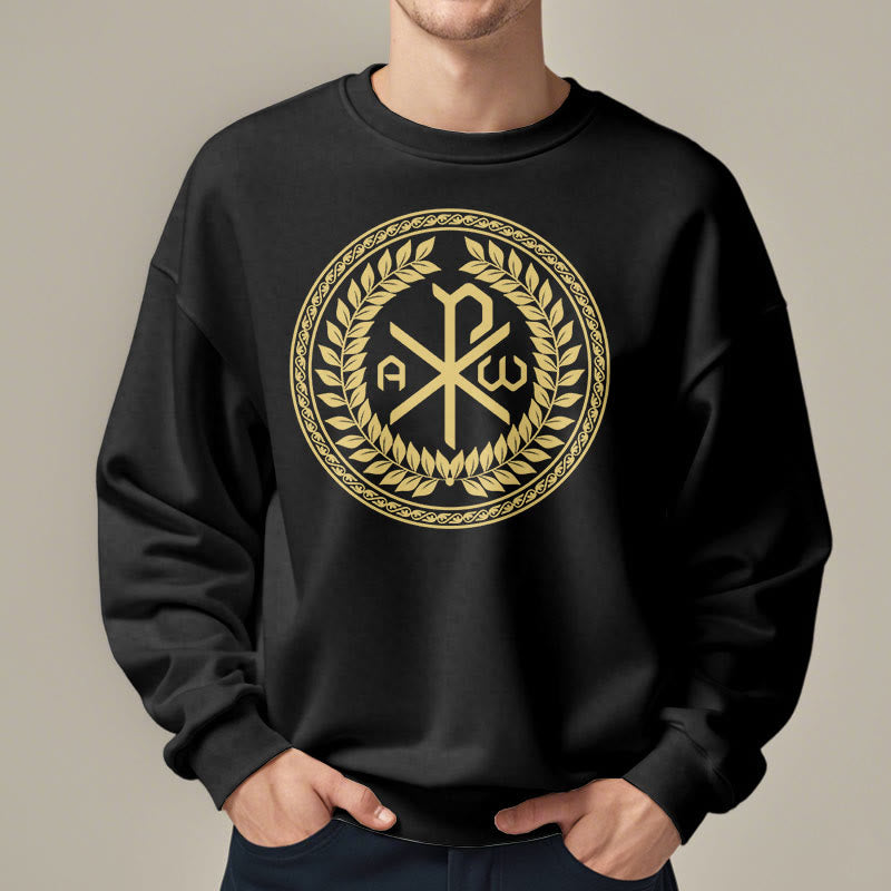 Christianartworkshop Classic Style Sacred Chi-rho Emblem Laurel Wreath Fleece Lined Polyester Sweatshirt