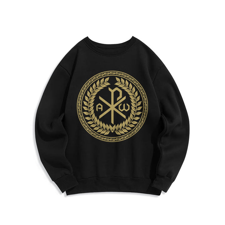 Christianartworkshop Classic Style Sacred Chi-rho Emblem Laurel Wreath Fleece Lined Polyester Sweatshirt - Black - 2XL - image 0