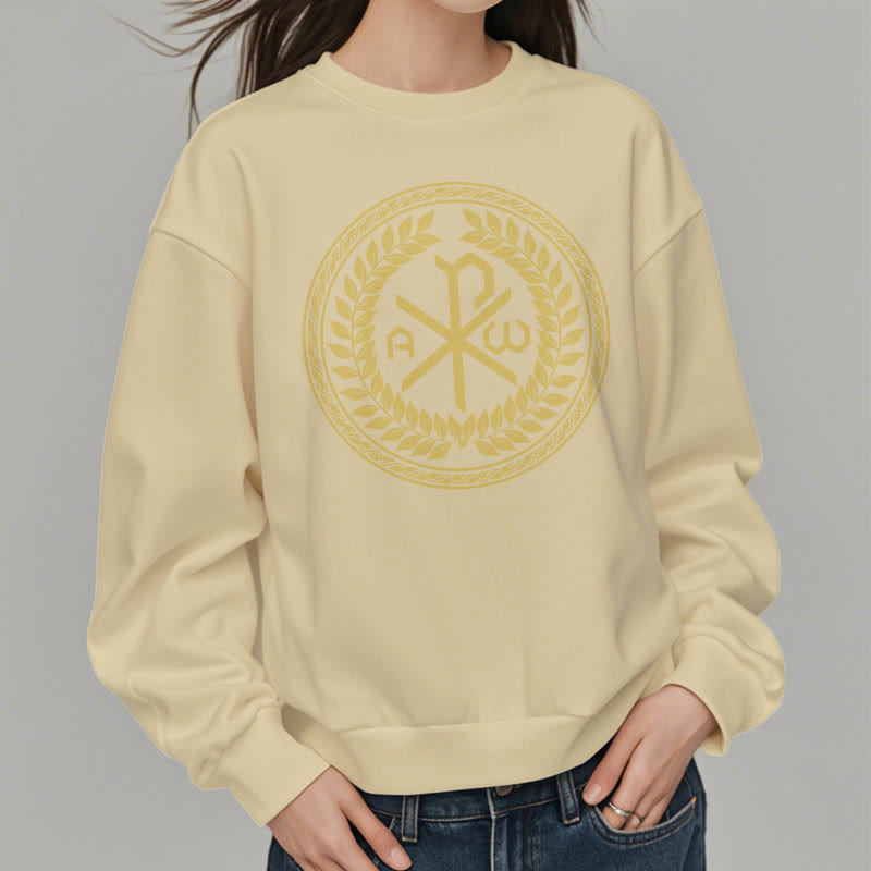 Christianartworkshop Classic Style Sacred Chi-rho Emblem Laurel Wreath Fleece Lined Polyester Sweatshirt