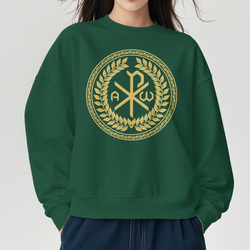 Christianartworkshop Classic Style Sacred Chi-rho Emblem Laurel Wreath Fleece Lined Polyester Sweatshirt