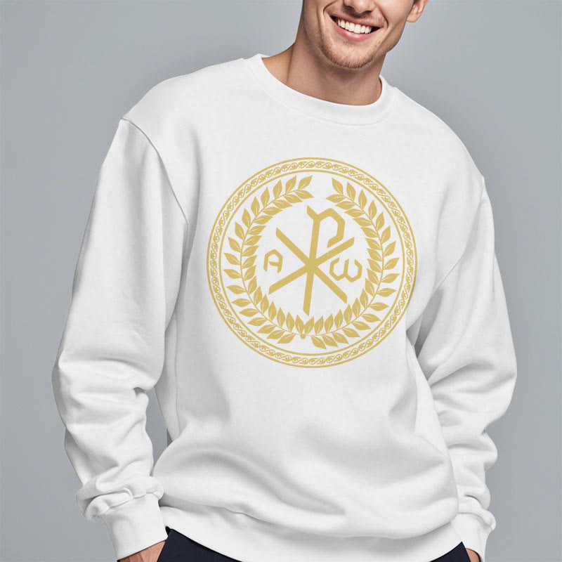 Christianartworkshop Classic Style Sacred Chi-rho Emblem Laurel Wreath Fleece Lined Polyester Sweatshirt