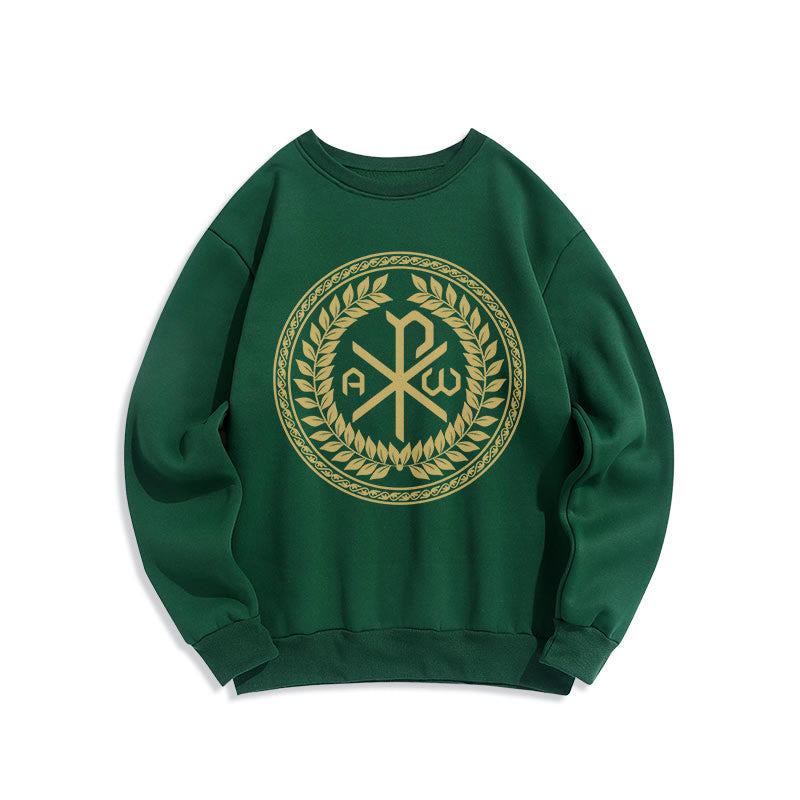 Christianartworkshop Classic Style Sacred Chi-rho Emblem Laurel Wreath Fleece Lined Polyester Sweatshirt