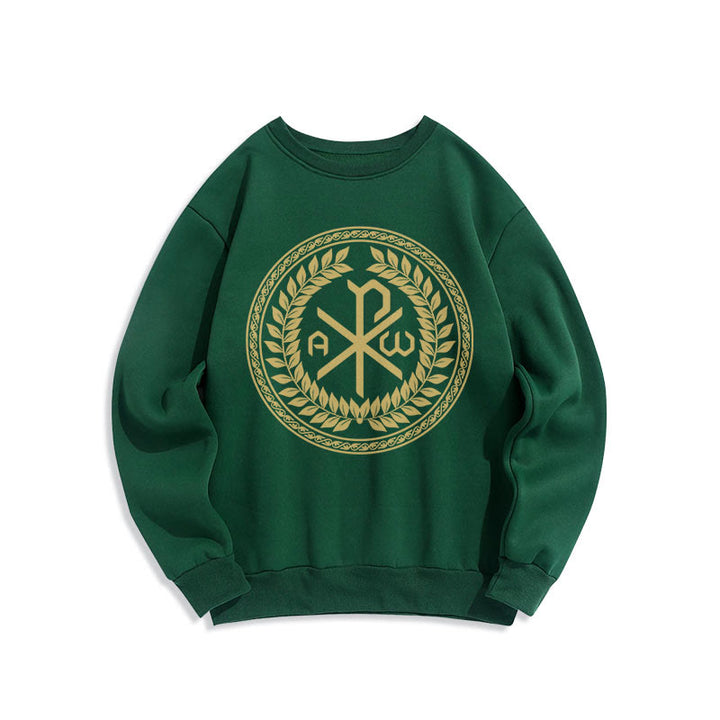 Christianartworkshop Classic Style Sacred Chi-rho Emblem Laurel Wreath Fleece Lined Polyester Sweatshirt