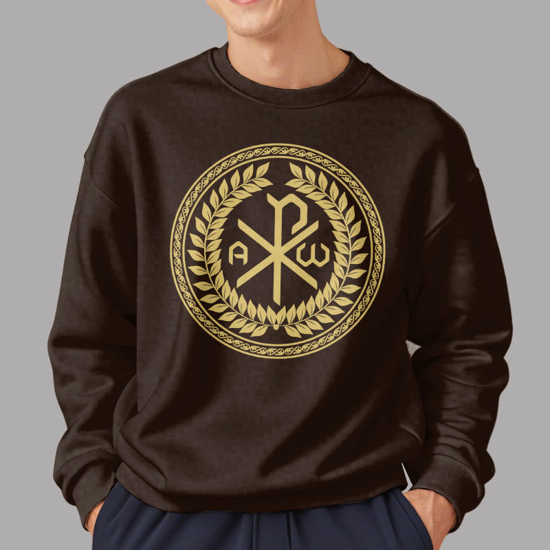 Christianartworkshop Classic Style Sacred Chi-rho Emblem Laurel Wreath Fleece Lined Polyester Sweatshirt