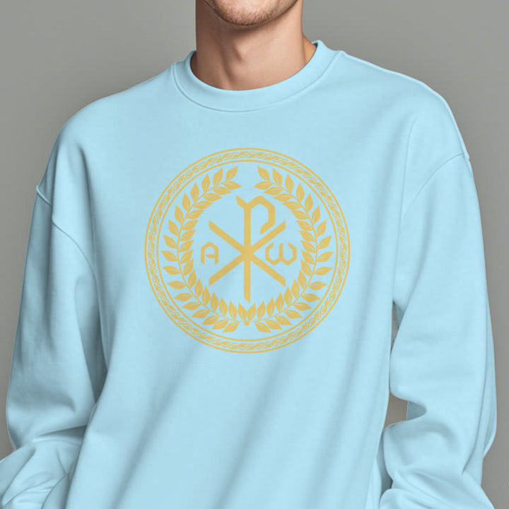 Christianartworkshop Classic Style Sacred Chi-rho Emblem Laurel Wreath Fleece Lined Polyester Sweatshirt