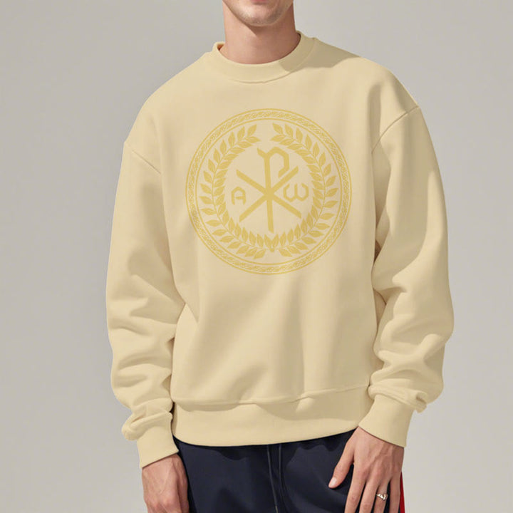 Christianartworkshop Classic Style Sacred Chi-rho Emblem Laurel Wreath Fleece Lined Polyester Sweatshirt