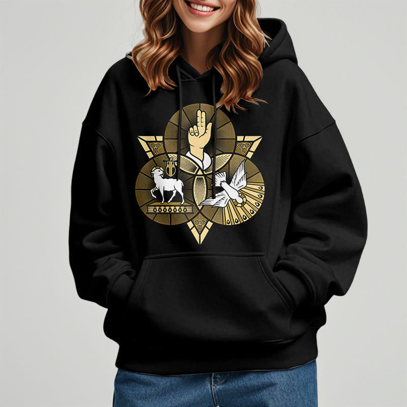 Christianartworkshop Modern Style St. Benedict Lamb Of God Dove Fleece Lined Polyester Hoodie