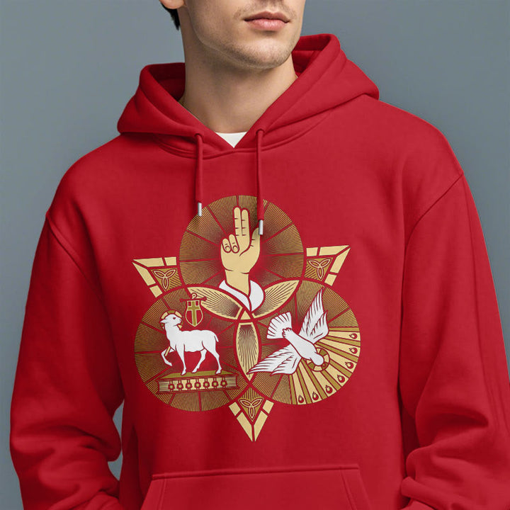 Christianartworkshop Modern Style St. Benedict Lamb Of God Dove Fleece Lined Polyester Hoodie