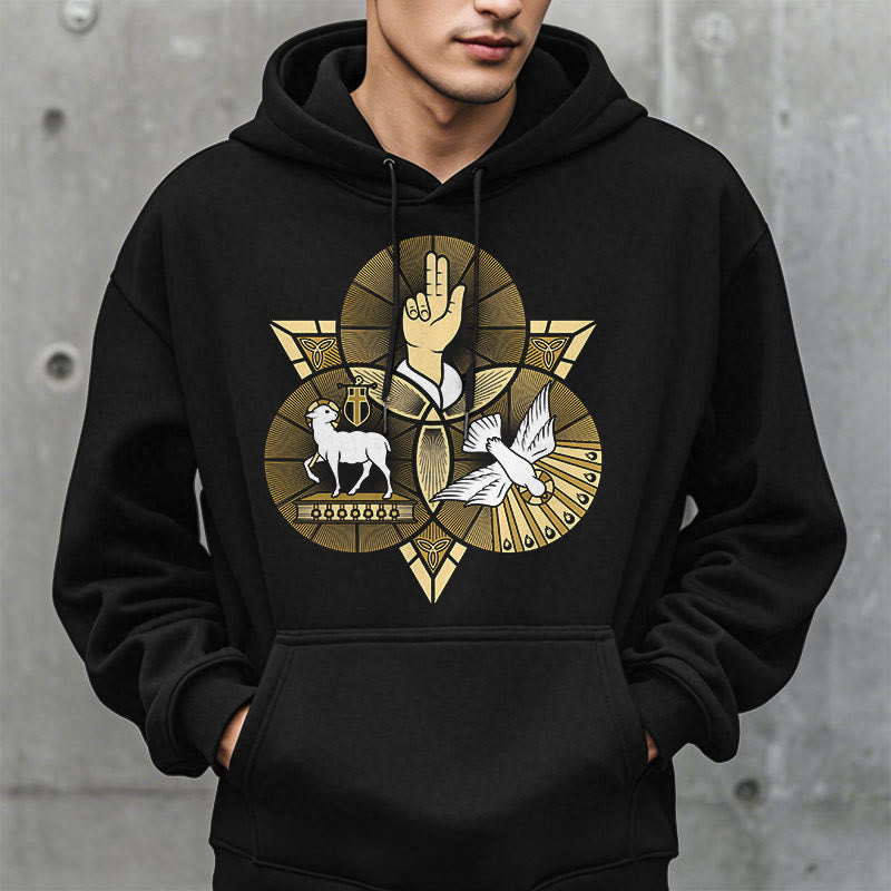 Christianartworkshop Modern Style St. Benedict Lamb Of God Dove Fleece Lined Polyester Hoodie