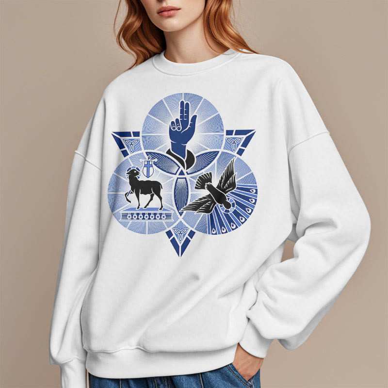 Christianartworkshop Modern Style St. Benedict Lamb Of God Dove Fleece Lined Polyester Sweatshirt