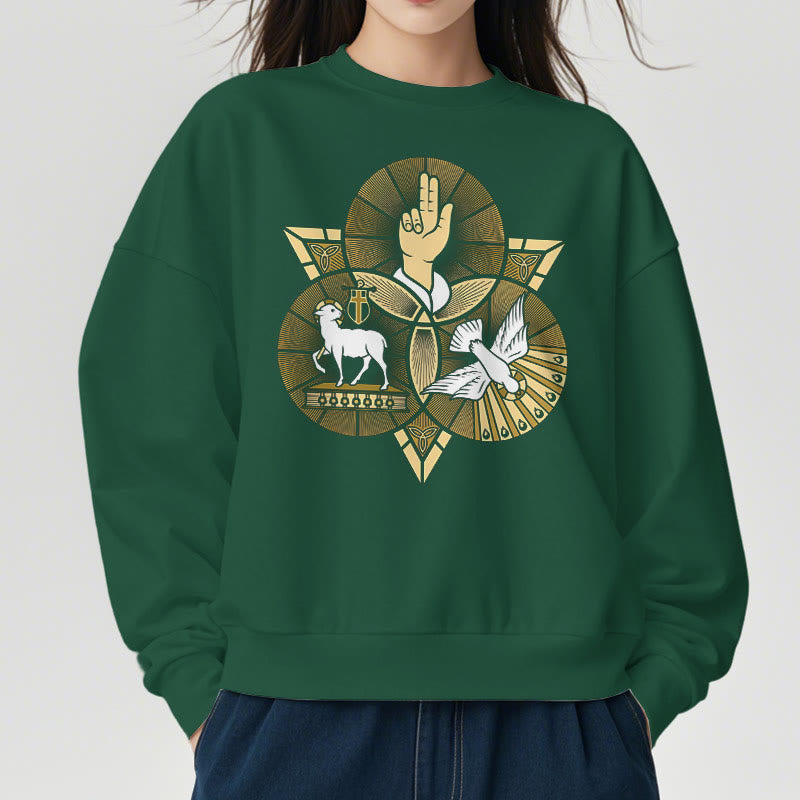 Christianartworkshop Modern Style St. Benedict Lamb Of God Dove Fleece Lined Polyester Sweatshirt