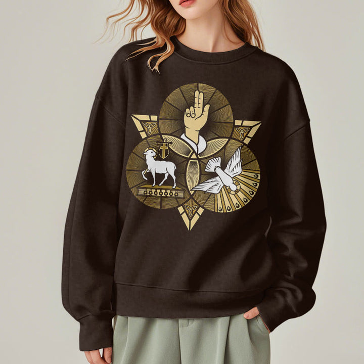 Christianartworkshop Modern Style St. Benedict Lamb Of God Dove Fleece Lined Polyester Sweatshirt