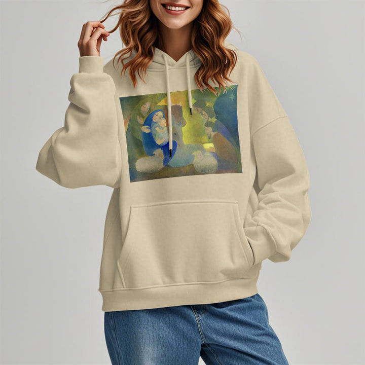 Christianartworkshop Classic Colored Style Nativity Scene Holy Night Fleece Lined Polyester Hoodie