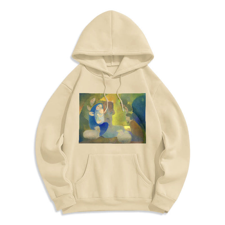 Christianartworkshop Classic Colored Style Nativity Scene Holy Night Fleece Lined Polyester Hoodie