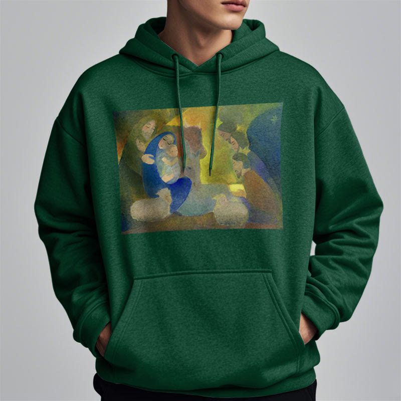 Christianartworkshop Classic Colored Style Nativity Scene Holy Night Fleece Lined Polyester Hoodie