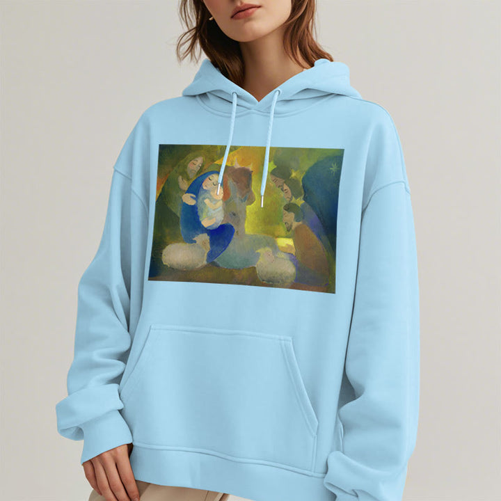 Christianartworkshop Classic Colored Style Nativity Scene Holy Night Fleece Lined Polyester Hoodie