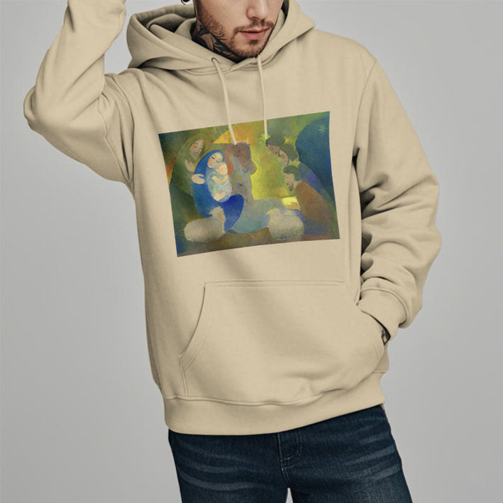 Christianartworkshop Classic Colored Style Nativity Scene Holy Night Fleece Lined Polyester Hoodie