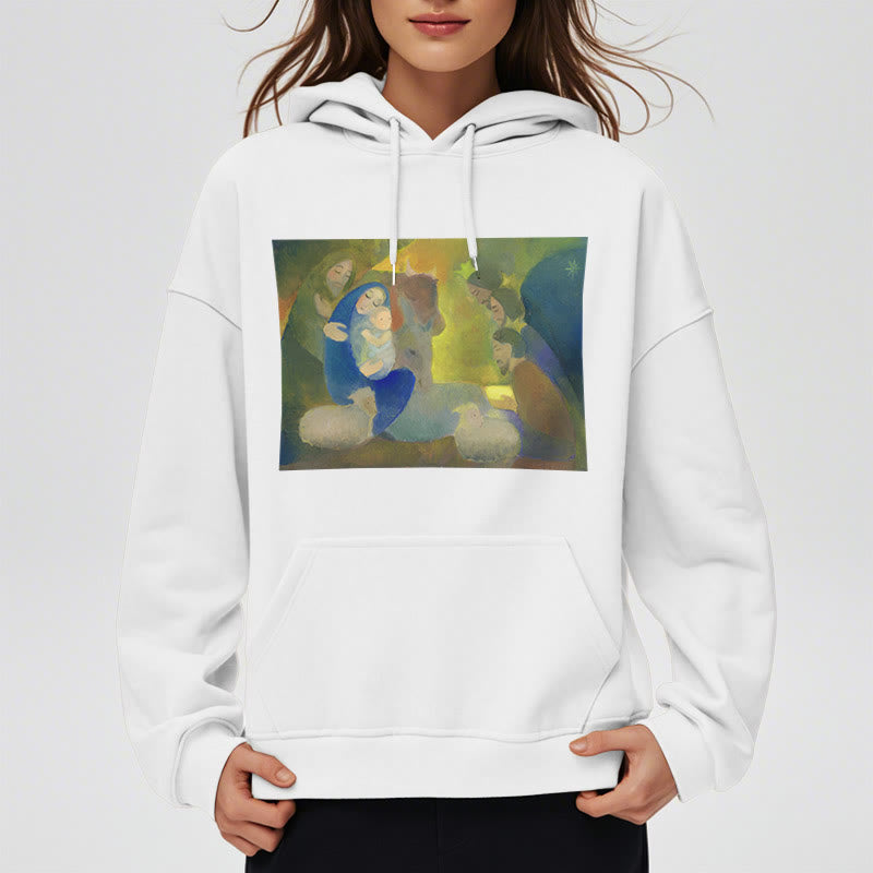 Christianartworkshop Classic Colored Style Nativity Scene Holy Night Fleece Lined Polyester Hoodie - image 2
