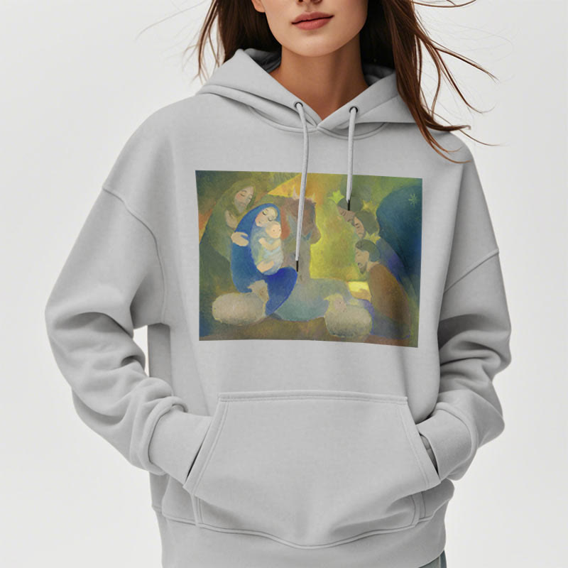 Christianartworkshop Classic Colored Style Nativity Scene Holy Night Fleece Lined Polyester Hoodie - image 33