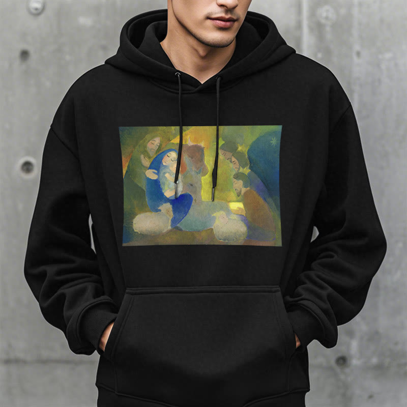 Christianartworkshop Classic Colored Style Nativity Scene Holy Night Fleece Lined Polyester Hoodie