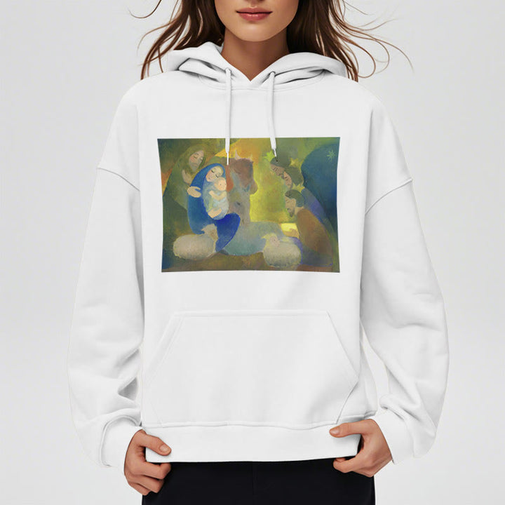 Christianartworkshop Classic Colored Style Nativity Scene Holy Night Fleece Lined Polyester Hoodie