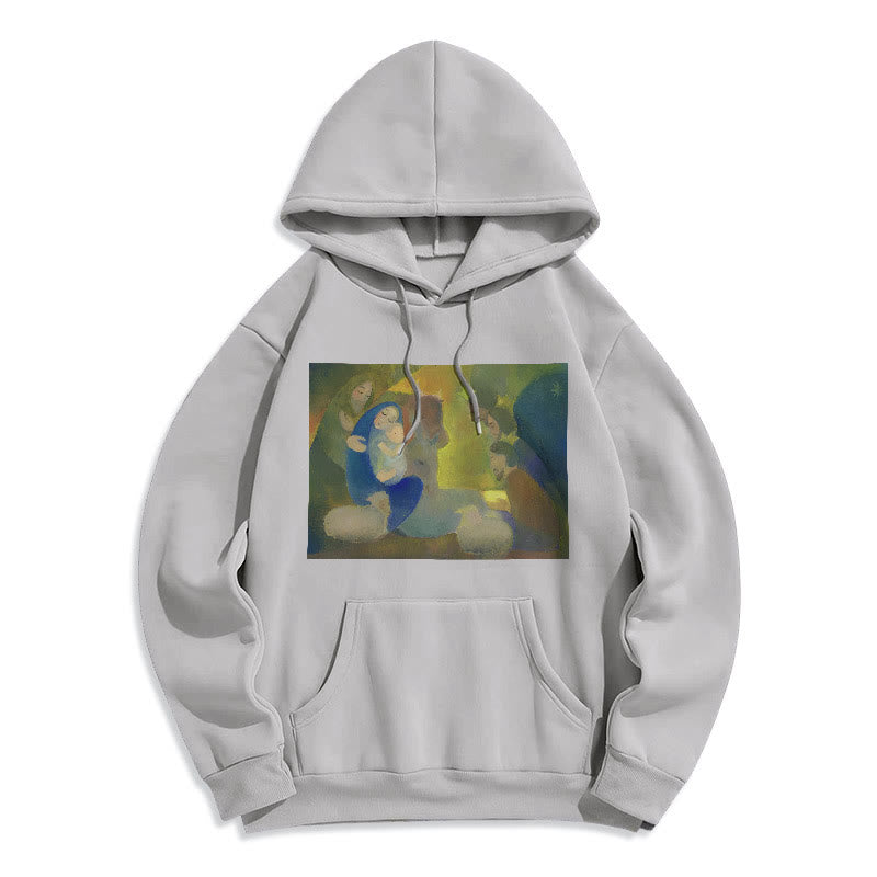 Christianartworkshop Classic Colored Style Nativity Scene Holy Night Fleece Lined Polyester Hoodie