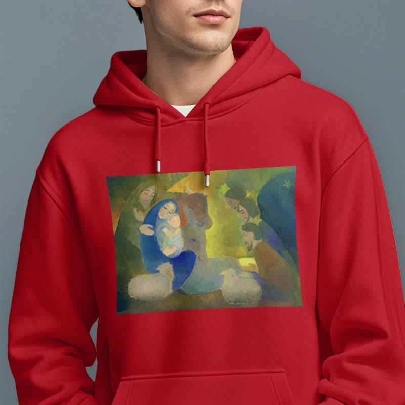 Christianartworkshop Classic Colored Style Nativity Scene Holy Night Fleece Lined Polyester Hoodie