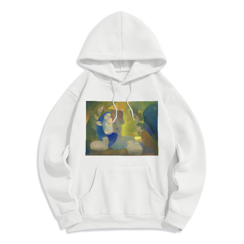 Christianartworkshop Classic Colored Style Nativity Scene Holy Night Fleece Lined Polyester Hoodie - White - 2XL - image 0