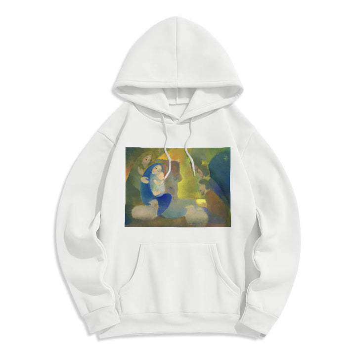 Christianartworkshop Classic Colored Style Nativity Scene Holy Night Fleece Lined Polyester Hoodie - White - 2XL - image 0