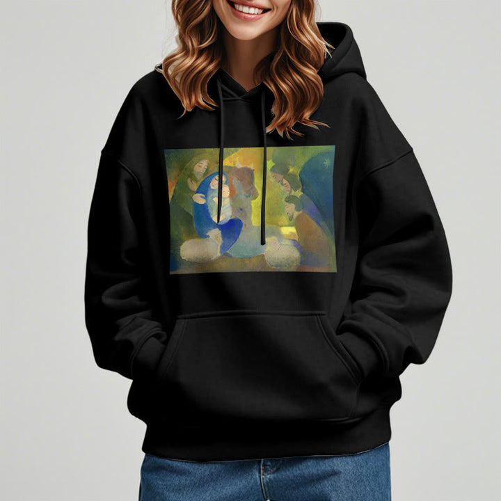 Christianartworkshop Classic Colored Style Nativity Scene Holy Night Fleece Lined Polyester Hoodie