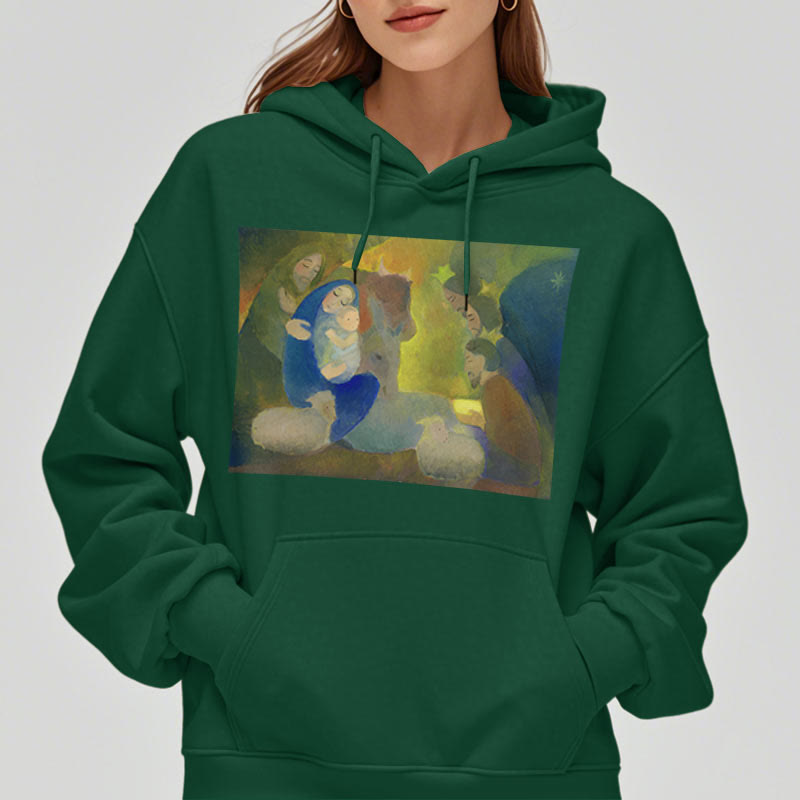 Christianartworkshop Classic Colored Style Nativity Scene Holy Night Fleece Lined Polyester Hoodie