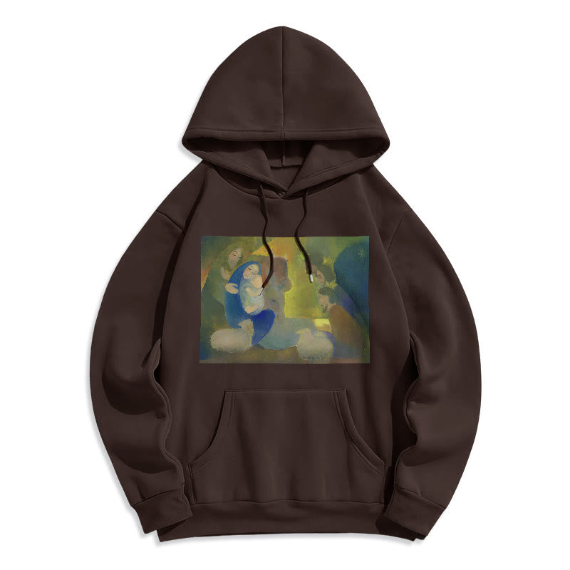 Christianartworkshop Classic Colored Style Nativity Scene Holy Night Fleece Lined Polyester Hoodie