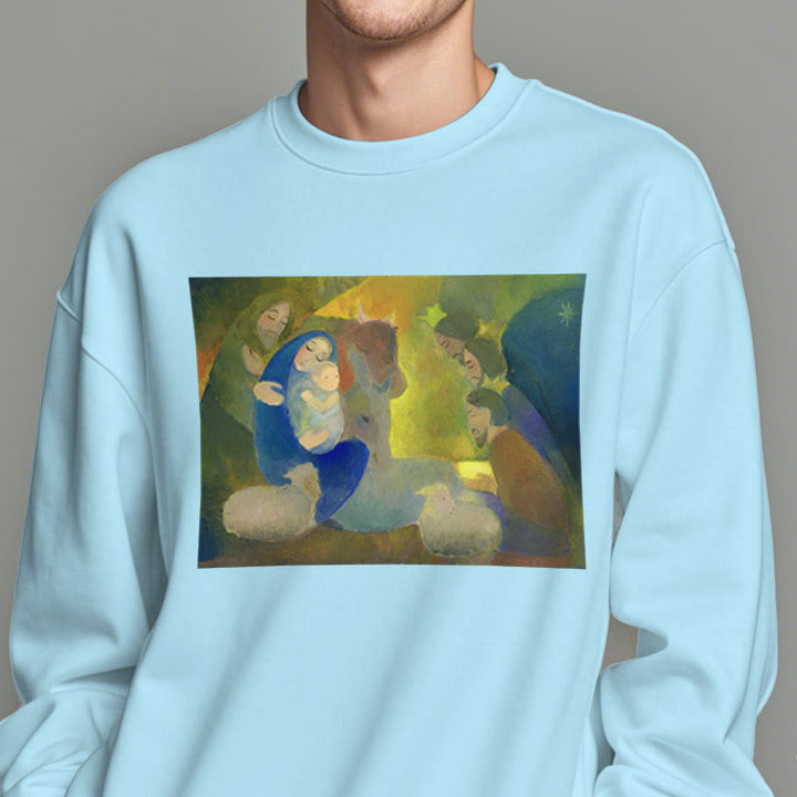 Christianartworkshop Classic Colored Style Nativity Scene Holy Night Fleece Lined Polyester Sweatshirt