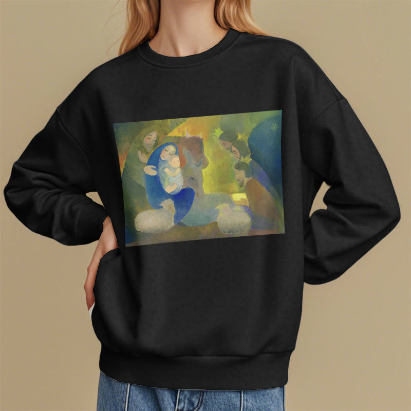 Christianartworkshop Classic Colored Style Nativity Scene Holy Night Fleece Lined Polyester Sweatshirt