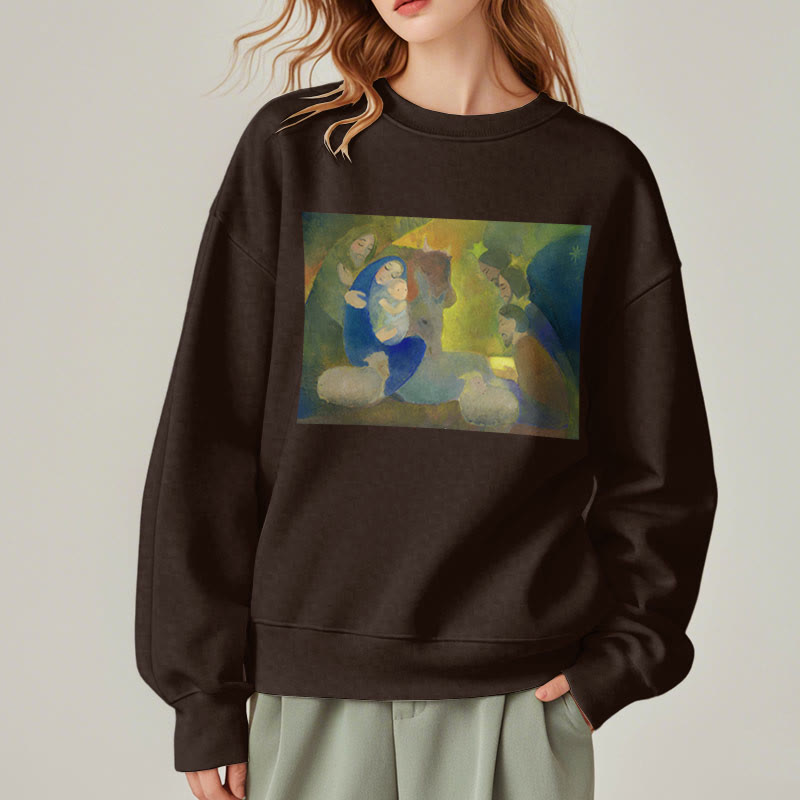 Christianartworkshop Classic Colored Style Nativity Scene Holy Night Fleece Lined Polyester Sweatshirt - image 18