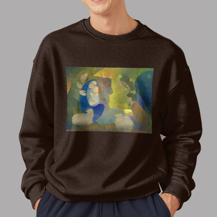 Christianartworkshop Classic Colored Style Nativity Scene Holy Night Fleece Lined Polyester Sweatshirt