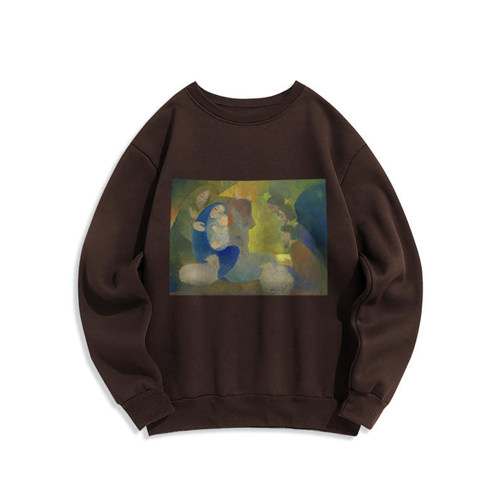 Christianartworkshop Classic Colored Style Nativity Scene Holy Night Fleece Lined Polyester Sweatshirt - Brown - 2XL - image 15
